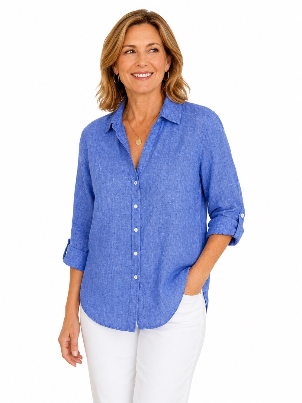 Foxcroft NYC 100% Linen Button Front Shirt XL Blue Relaxed Fit - Picture 2 of 8
